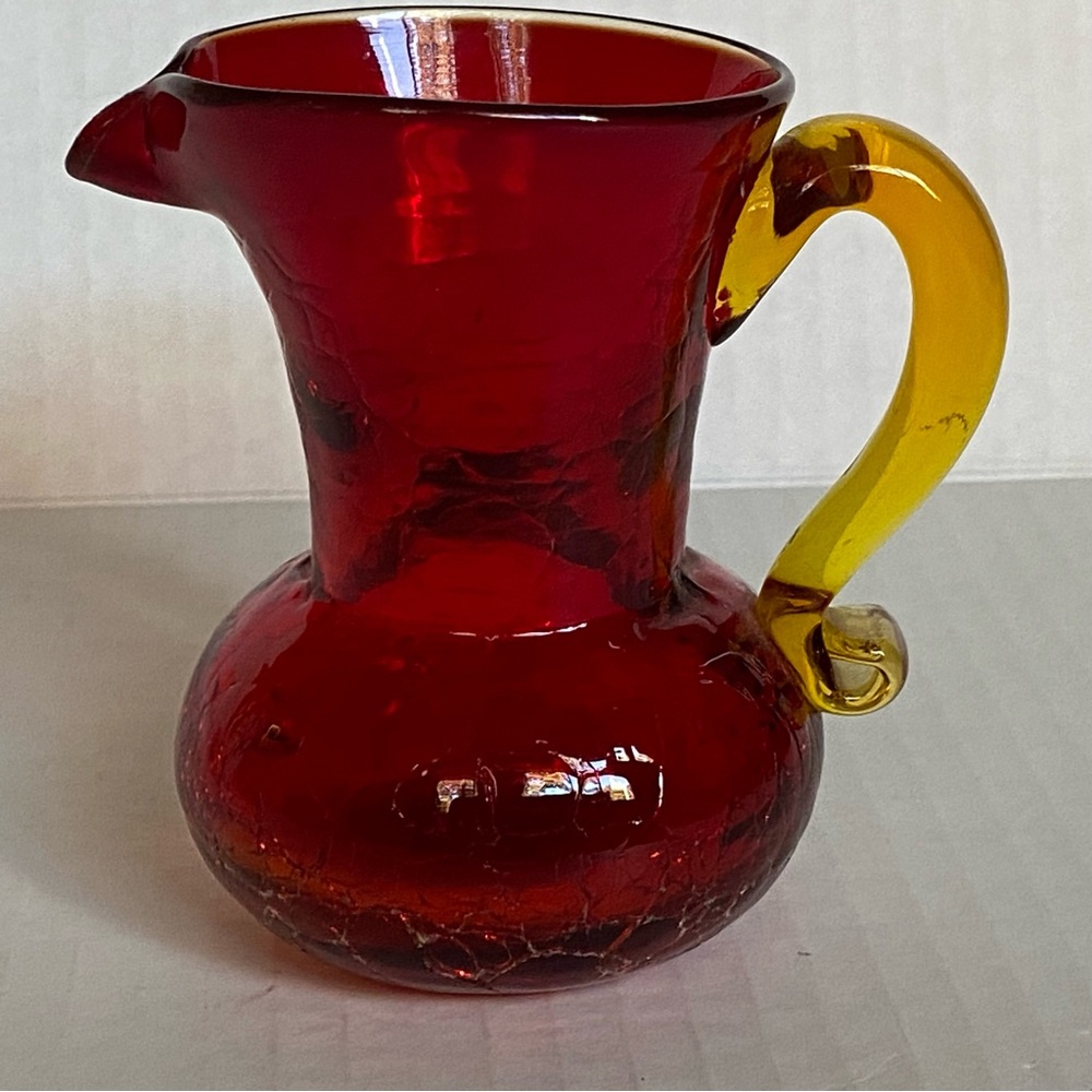 Vintage Hand Blown Red Crackle Glass Small Pitcher Creamer Vase Yellow Handle